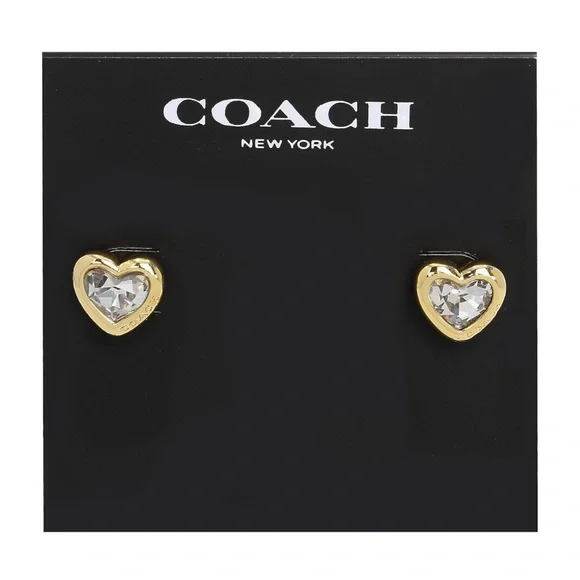 New Coach Gold Stone Heart Crystal Stud Earrings - Picture 4 of 6